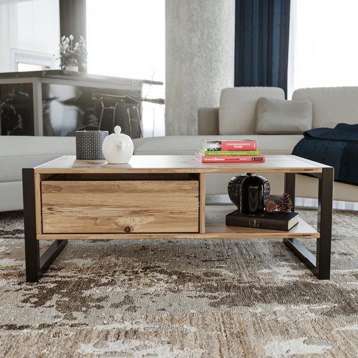 Hanah Home Mesa de Centro Industrial con Cajón en Pino Atlántico y Negro